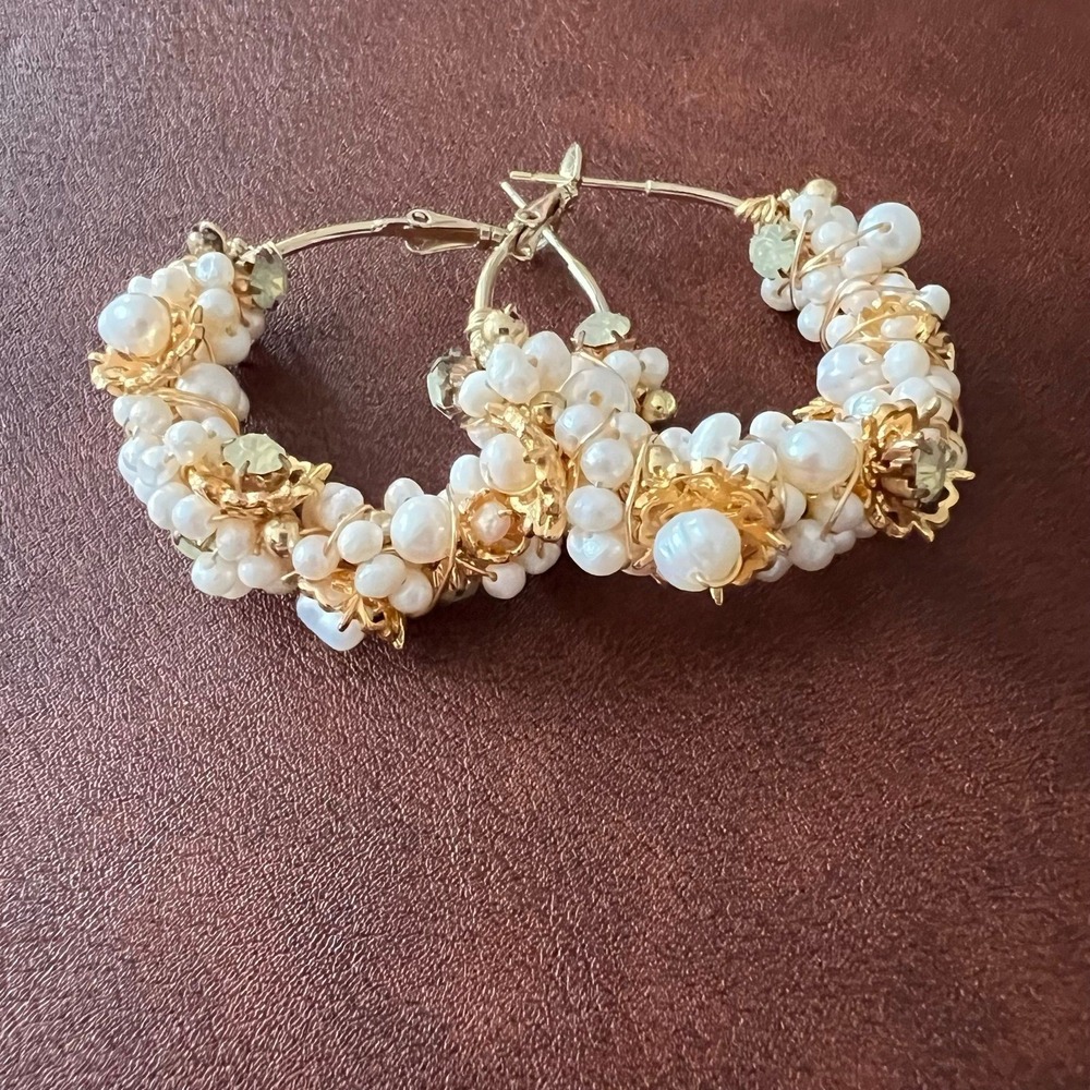 Pearl Hoop Earrings Womens OS Gold White Crystal Cluster Statement